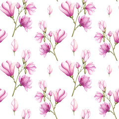 Fototapeta na wymiar Flower Watercolor Seamless Pattern. Hand painted background with Pink Magnolia. Floral illustration for textile design