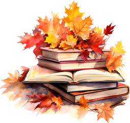 Watercolor illustration of books and autumn leaves. Fall clipart isolated on white background. - 633513123