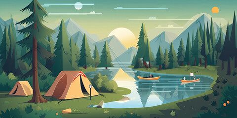 Illustration of a kids summer camp with tents on the shore of the lake and kayaks on the water. Generative AI