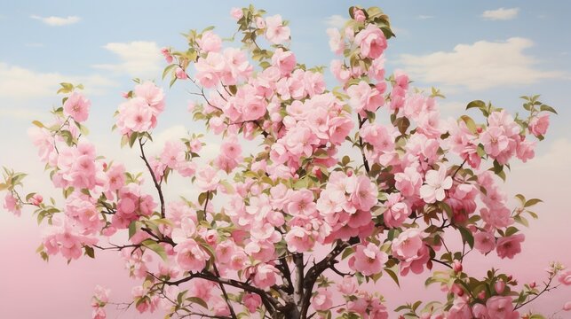  a painting of a tree with pink flowers in the foreground.  generative ai