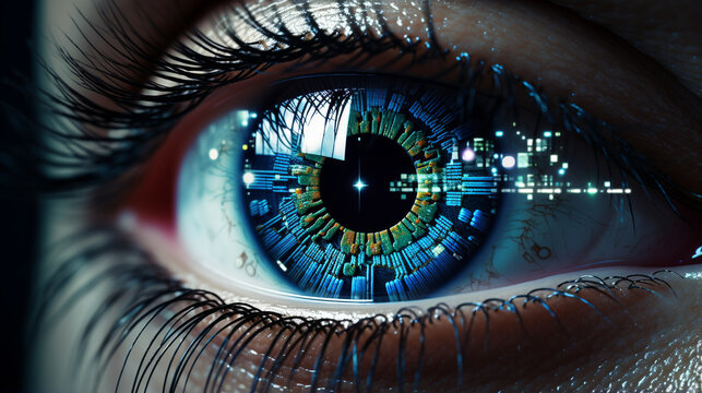 A detailed view of a stunning robotic blue eye featuring a heads-up display (HUD) interface, accompanied by intricate lines of code weaving around it. Cybernetic graphs and hologra 