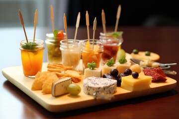 mini cheese platter with toothpicks and appetizer flags - obrazy, fototapety, plakaty