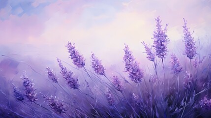  a painting of a field of lavender flowers with a blue sky in the background.  generative ai