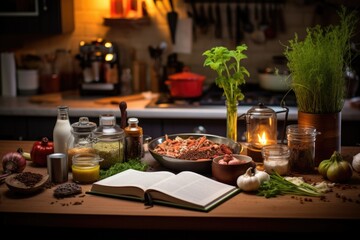 kitchen counter with open cookbook and ingredients for a recipe