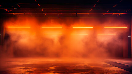 Empty illuminated underground parking lot with orange smoke and tube lights	
