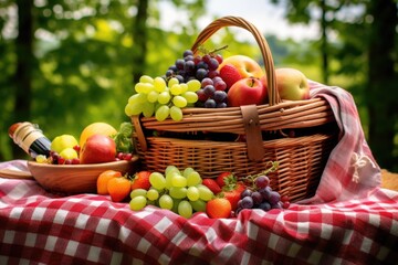 open picnic basket with checkered napkin and fresh fruits