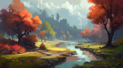 Autumn in the Valley of the Forest River, Digital Art, Illustration