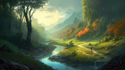 The Forested River Valley ,Digital Art