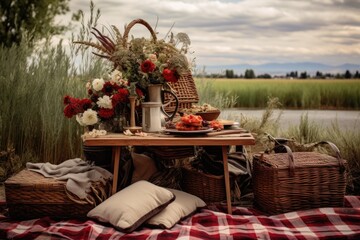 rustic picnic setup with basket and nature backdrop