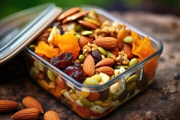 healthy trail mix snack in a reusable container - obrazy, fototapety, plakaty