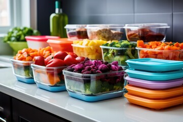 colorful meal prep containers neatly organized on countertop