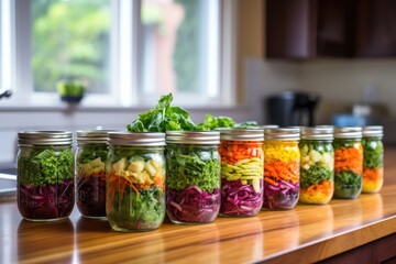Fototapeta na wymiar rows of mason jar salads on kitchen counter