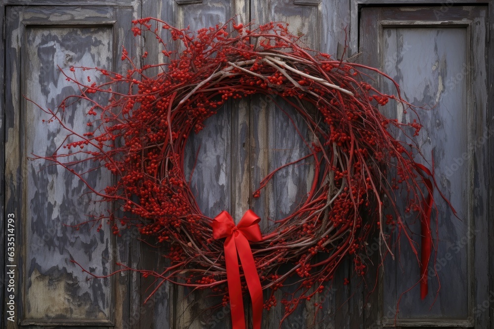 Wall mural wreath made of pine branches and red ribbon on a door