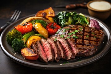 Fried beef steak with grilled vegetables served on a black plate - obrazy, fototapety, plakaty