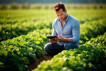 Close Up of a Young farmer using digital tablet inspecting fresh vegetable in organic farm. Agriculture technology and smart farming concept.
