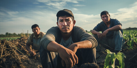 Group of tired, overworked farm workers sitting on farmland