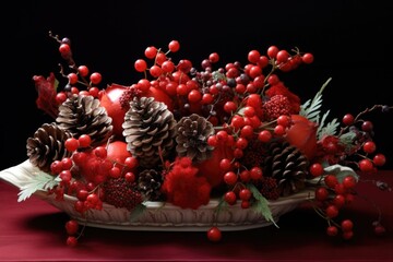 pine cones and berries arranged in a holiday centerpiece