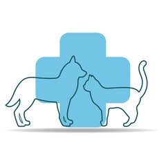 Illustration of the logo of a veterinary clinic.Silhouette of a dog and a cat with a medical cross on a white background.