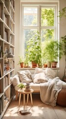A cozy warm living room with thick white walls and white floor furnitures looks like a flea market lot of plants raw plank hanged on the walls small window