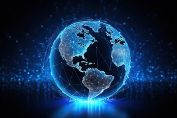 Fototapeta premium blue abstract world map with a sphere of connections, in the style of technology-based art, light crimson and sky-blue, intel core