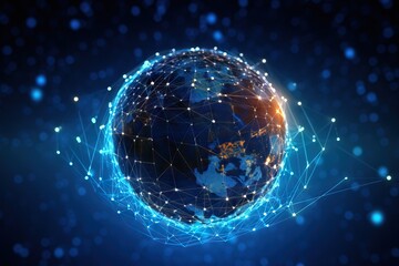 blue abstract world map with a sphere of connections, in the style of technology-based art, light crimson and sky-blue, intel core