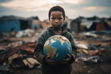 An African young boy holds up a globe of the Earth in a desolate village surrounded by trash and makeshift shanties.