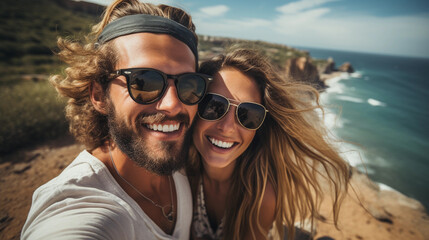 Travel couple with a smile making selfie portrait with smartphone
