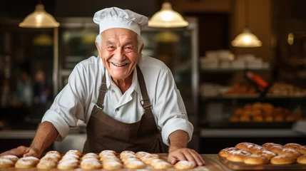 Gordijnen portrait of a pleased, man in his 80s that is baking delicious pastries wearing a chef's hat and apron against a bakery background © artem