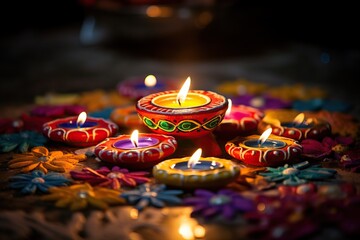 Traditional diya lamp lit on colorful rangoli