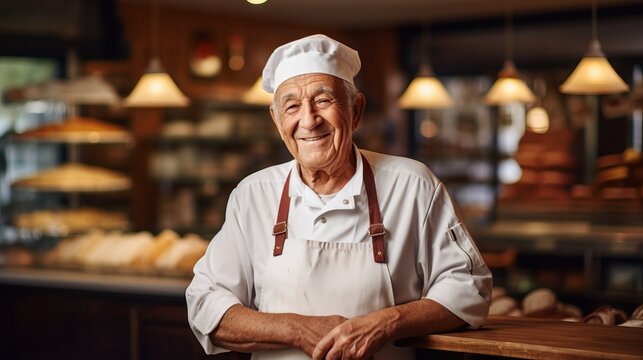 portrait of a pleased, man in his 80s that is baking delicious pastries wearing a chef's hat and apron against a bakery background