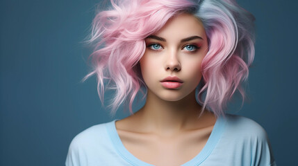 Fototapeta premium Portrait of beautiful model with blue pink hair for an advertisement for cosmetics brand.