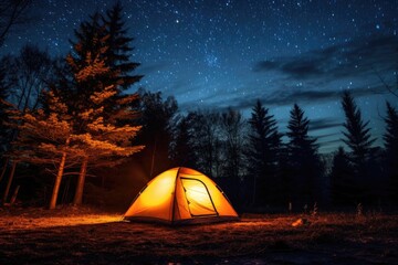 nighttime shot of a tent glowing under starry sky