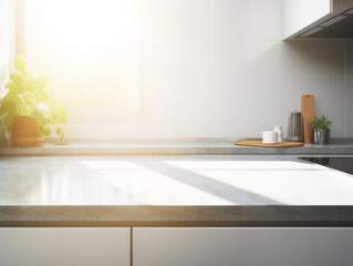 Marble countertop with free space for product montage or mockup with white kitchen, cutting board and scandinavian style utensils against window background with morning sunlight. AI generated