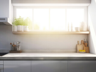 Fototapeta na wymiar Marble countertop with free space for product montage or mockup with white kitchen, cutting board and scandinavian style utensils against window background with morning sunlight. AI generated