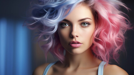 Fototapeta premium Portrait of beautiful model with blue pink hair for an advertisement for cosmetics brand.