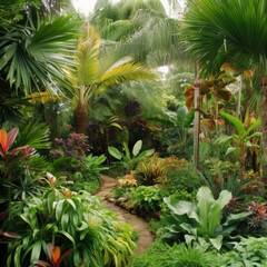 Tropical garden with palm trees, tropical plants and flowers and path. Generated AI. Exotic green background or wallpaper concept with jungle and tropical forest