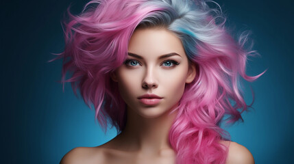 Fototapeta premium Portrait of beautiful model with blue pink hair for an advertisement for cosmetics brand.