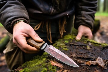sharpening a pocket knife with portable sharpener - obrazy, fototapety, plakaty