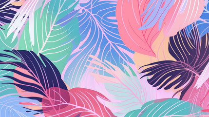 Multicolored palm leaves on a pastel background. Ai generated. Illustration for design, poster or print.