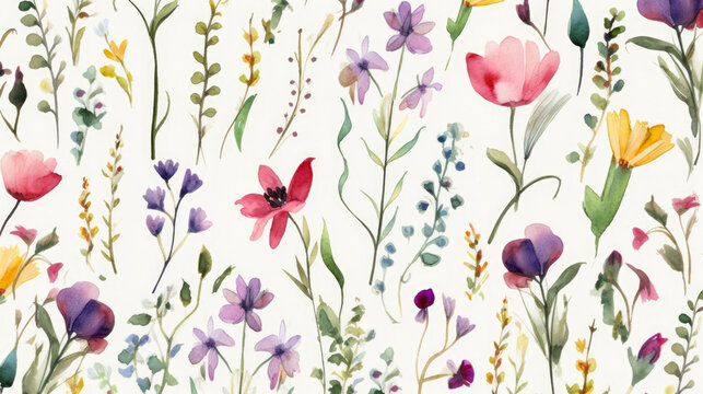Wildflowers and leaf pattern on a white background in watercolor style. Generated AI. Illustration for design, postcard or print.