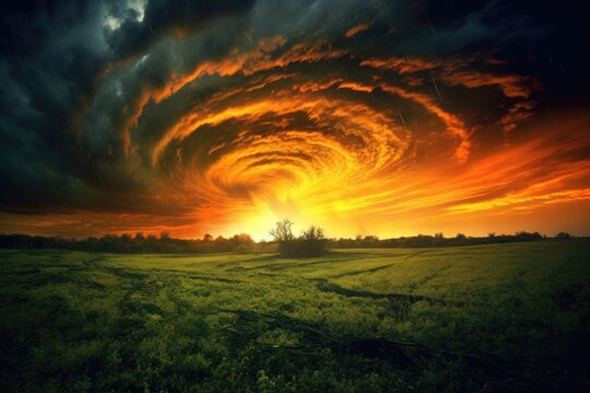 tornado swirling across an open field at sunset