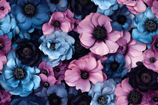 seamless pattern - repeatable texture of abstract blue and pink flowers on black background