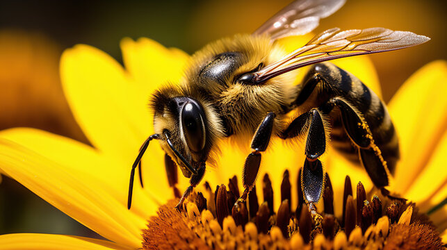 macro close-up. A bee perched on a sunflower