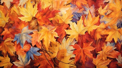 Naklejka na ściany i meble a painting of a bunch of leaves on a wall with a red, yellow, and blue background. generative ai