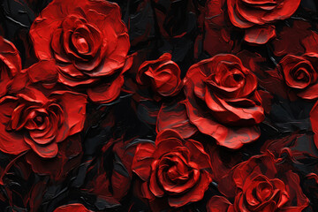 seamless pattern - repeatable texture of abstract red roses on black blackground