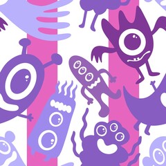Halloween cartoon monsters seamless aliens pattern for wrapping paper and fabrics and kids clothes print