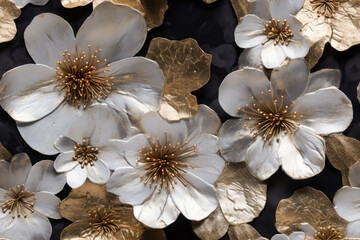 seamless pattern - repeatable texture of abstract white flowers on black background with gold