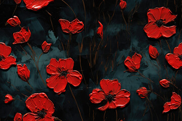 seamless pattern - repeatable texture of abstract red poppies on black background