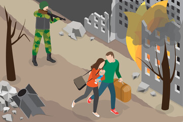3D Isometric Flat Vector Conceptual Illustration of Military Invasion, Bombing City