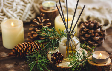Christmas home aromatherapy. Aroma diffuser with pine extract, organic essential oil, cedar and...